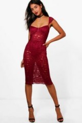 boohoo Alana Lace Corset Detail Midi Dress – berry-red dresses – semi sheer going out fashion