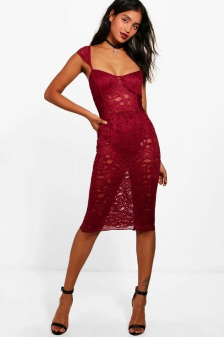 boohoo Alana Lace Corset Detail Midi Dress – berry-red dresses – semi sheer going out fashion - flipped