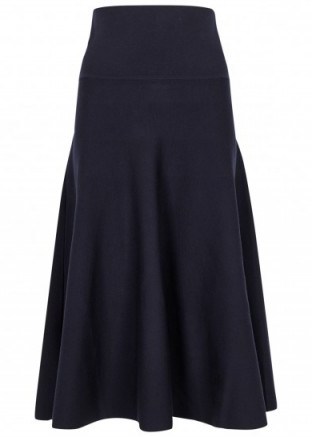 THE ROW Alessia navy wool blend midi skirt | blue fit and flare skirts - flipped