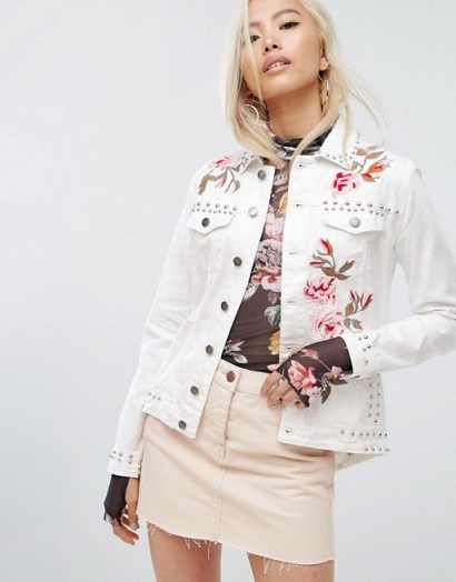 Arrive Embroidered Denim Jacket with Studs ~ white studded jackets - flipped