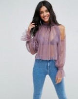 ASOS Cold Shoulder Top in Mesh with High Neck & Puff Sleeve | sheer mauve tops | lilac blouses