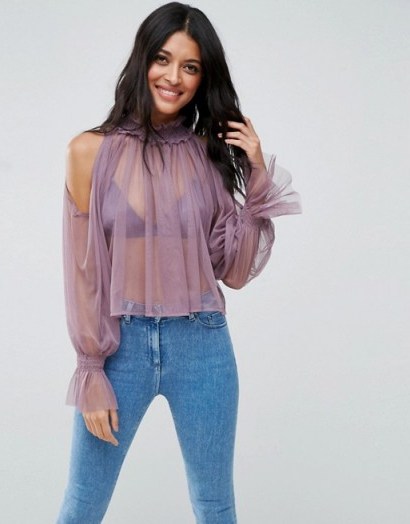 ASOS Cold Shoulder Top in Mesh with High Neck & Puff Sleeve | sheer mauve tops | lilac blouses - flipped