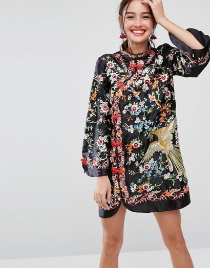 ASOS Embroidered Mandarin Collar Mini Dress ~ oriental floral dresses - flipped