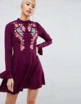 ASOS Embroidered Trumpet Sleeve Mini Dress ~ floral dresses ~ berry