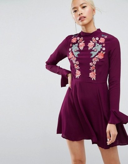 ASOS Embroidered Trumpet Sleeve Mini Dress ~ floral dresses ~ berry - flipped