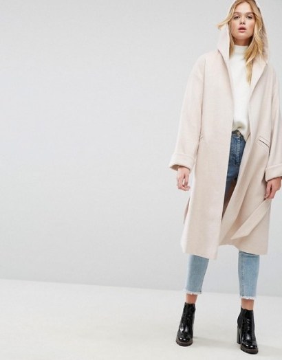 ASOS Hooded Belted Shawl Collar Coat | pale pink winter coats - flipped