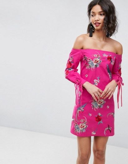 ASOS Off Shoulder Embroidery Mini Dress with Cuff Ties ~ pink embroidered bardot dresses - flipped