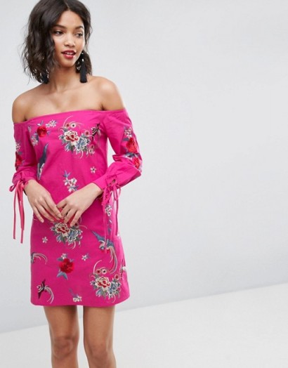 ASOS Off Shoulder Embroidery Mini Dress with Cuff Ties ~ pink embroidered bardot dresses