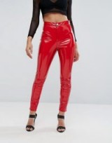 ASOS RIVINGTON High Waist Denim Jeggings in Vinyl Effect in Red | shiny skinny pants | wet-look trousers