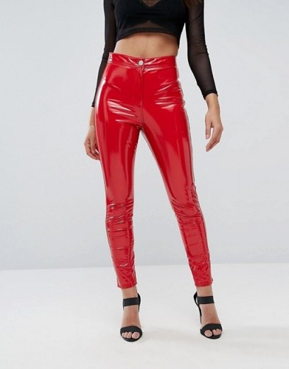 ASOS RIVINGTON High Waist Denim Jeggings in Vinyl Effect in Red | shiny skinny pants | wet-look trousers - flipped