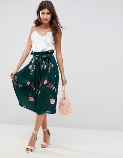 ASOS Scuba Prom Skirt with Paperbag Waist in Floral Print – green skirts - flipped