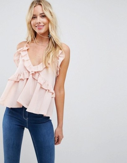 ASOS Swing Ruffle Cami with Plunge ~ ruffled blush pink tops - flipped
