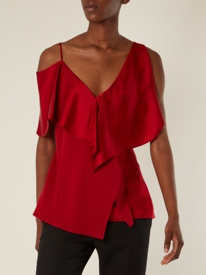 DIANE VON FURSTENBERG Asymmetric cut-out shoulder top ~ red silky draped tops - flipped