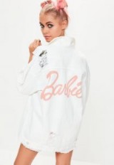 barbie x missguided ivory long sleeve printed back denim jacket | distressed jackets
