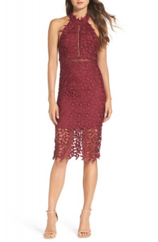 BARDOT Gemma Halter Lace Sheath Dress – burgundy occasion dresses