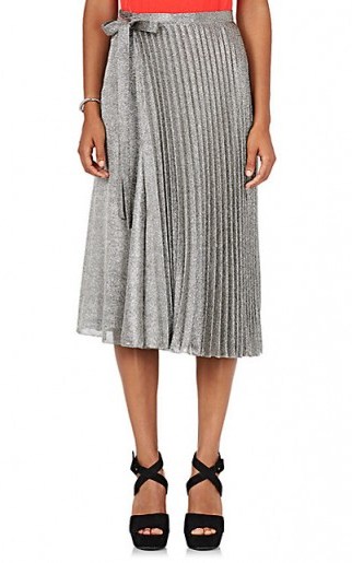 BARNEYS NEW YORK Silk-Blend Lamé Wrap Midi-Skirt ~ metallic silver pleated skirts - flipped