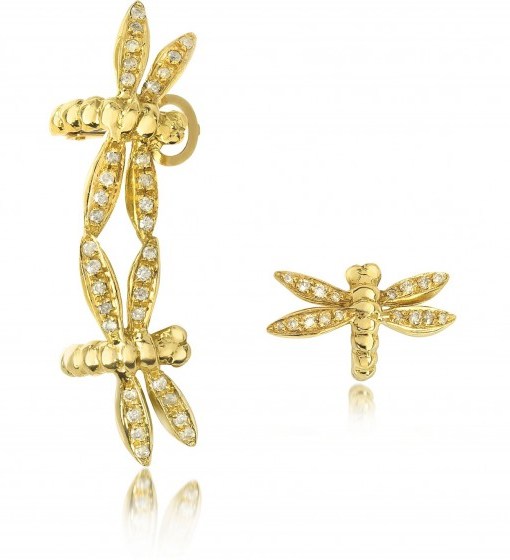 BERNARD DELETTREZ Dragonflies 18K Gold Earrings w/Diamonds ~ dragonfly jewellery - flipped