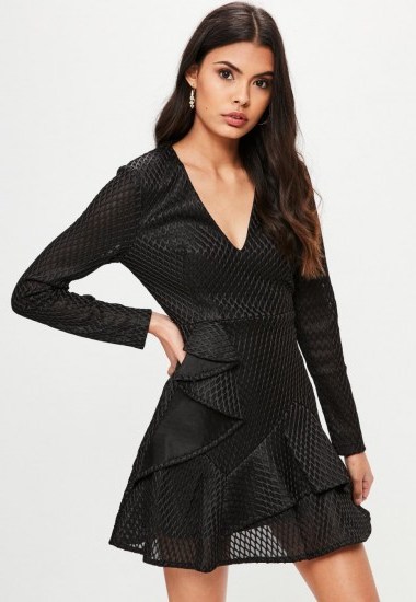 missguided black airtex plunge skater dress – lbd – party dresses - flipped