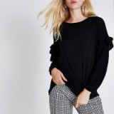 River Island Black balloon frill sleeve knit top – knitted tops – knitwear
