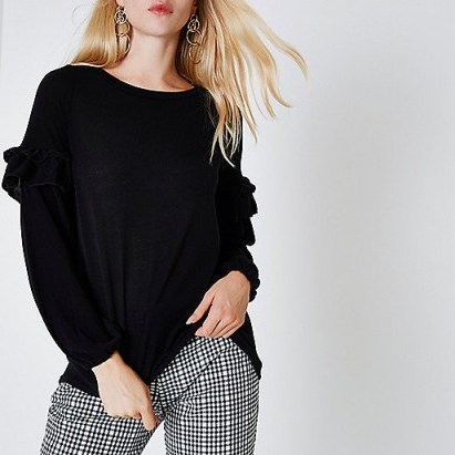 River Island Black balloon frill sleeve knit top – knitted tops – knitwear - flipped