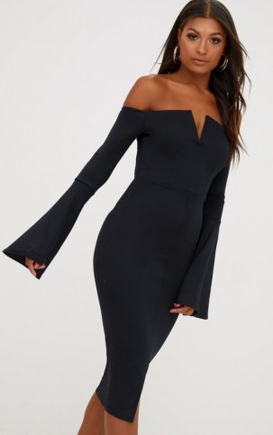 Pretty Little thing BLACK BARDOT FLARED SLEEVE MIDI DRESS – off the shoulder – going out dresses - flipped