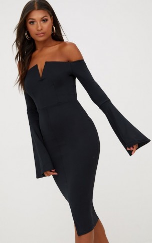 Pretty Little thing BLACK BARDOT FLARED SLEEVE MIDI DRESS – off the shoulder – going out dresses