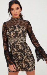 Pretty Little Thing BLACK CROCHET LACE FLARED CUFF BODYCON DRESS – high neck going out dresses