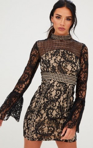 Pretty Little Thing BLACK CROCHET LACE FLARED CUFF BODYCON DRESS – high neck going out dresses - flipped