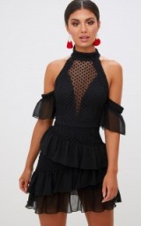 PRETTY LITTLE THING BLACK CROCHET MESH FRILL DETAIL BODYCON DRESS – ruffle party dresses – lbd