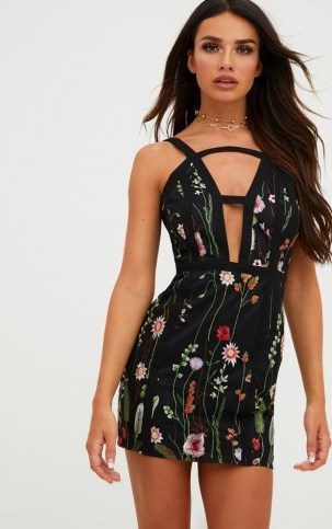 pretty little thing BLACK EMBROIDERED MESH BODYCON DRESS - flipped