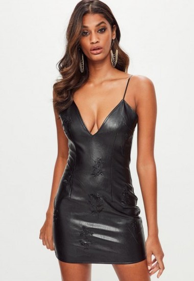 missguided black faux leather embroidered plunge bodycon dress – lbd – strappy plunging party dresses - flipped