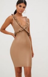 PRETTY LITTLE THING TAN FAUX LEATHER FRILL DETAIL BODYCON DRESS | plunging necklines