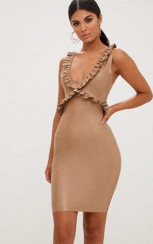 PRETTY LITTLE THING TAN FAUX LEATHER FRILL DETAIL BODYCON DRESS | plunging necklines - flipped