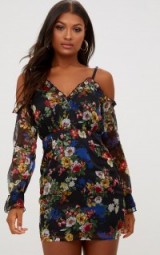 Pretty Little Thing BLACK FLORAL BALLOON SLEEVE BODYCON DRESS – cold shoulder party dresses
