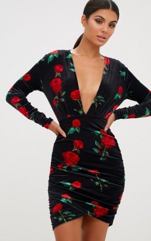 PRETTY LITTLE THING BLACK FLORAL PRINTED VELVET RUCHED BODYCON DRESS | plunge front party dresses - flipped