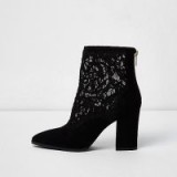 River Island Black lace insert block heel pointed boots