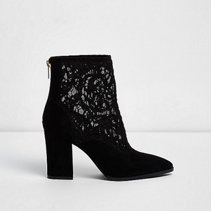 River Island Black lace insert block heel pointed boots - flipped