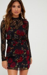 pretty little thing BLACK LACE SLEEVE FLORAL BODYCON DRESS – party dresses