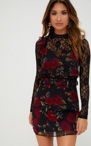 pretty little thing BLACK LACE SLEEVE FLORAL BODYCON DRESS – party dresses - flipped