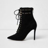 River Island Black pointed lace-up heeled boots – stiletto heel booties