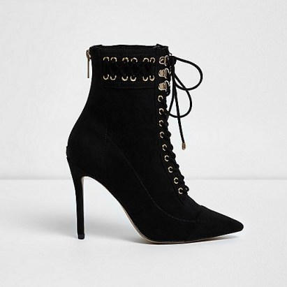 River Island Black pointed lace-up heeled boots – stiletto heel booties - flipped