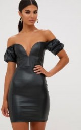 PRETTY LITTLE THING BLACK PU PUFF SLEEVE BARDOT BODYCON DRESS | LBD | plunge front dresses