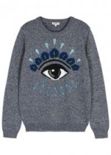 KENZO Blue eye-intarsia wool blend jumper ~ steel-blue crew neck jumpers ~ embellished sweaters