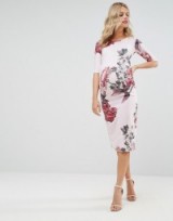 Bluebelle Maternity Midi T-shirt Dress with Ruched Side ~ pink floral pregnancy dresses