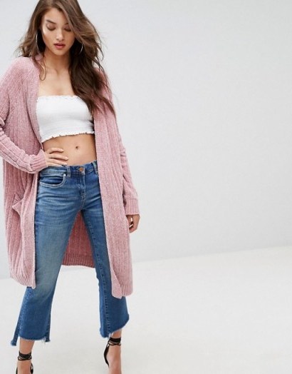 Boohoo Chenille Slouchy Cardigan | long pink cardigans - flipped