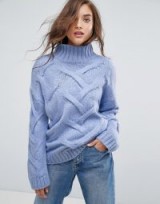 Boohoo Soft Knit Cable Jumper | chunky blue jumpers | slouchy high neck sweaters | knitwear
