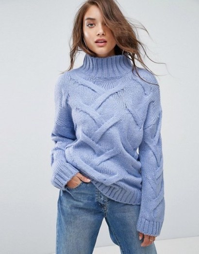 Boohoo Soft Knit Cable Jumper | chunky blue jumpers | slouchy high neck sweaters | knitwear - flipped