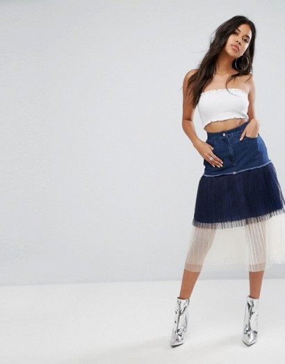 Boohoo Tulle And Denim Layered Skirt | semi sheer midi skirts