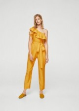 Mango Bow ruffled jumpsuit ~ mustard-yellow jumpsuits ~ one shoulder