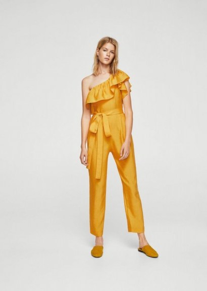 Mango Bow ruffled jumpsuit ~ mustard-yellow jumpsuits ~ one shoulder - flipped